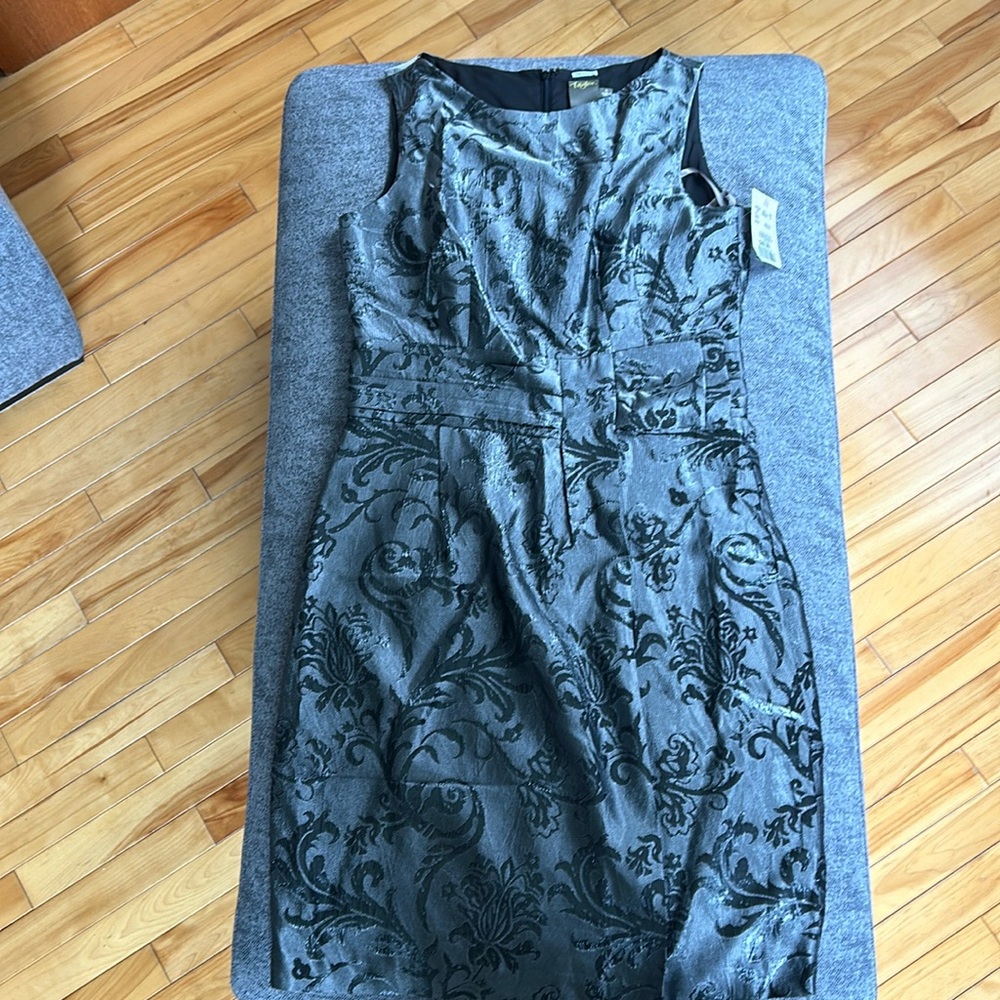 Taylor Silver dress with swirl detail and pleating size 6